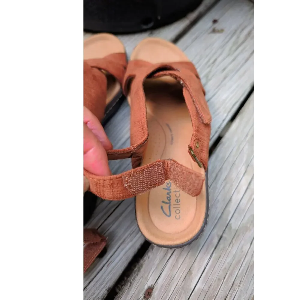 Clarks Collection Merliah Echo Sandals Brown Rust 8.5 Strappy Wedge Foam Footbed